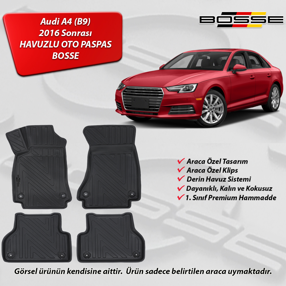 Audi A4 Paspas Araca Özel (B9) 2016 Sonrası BOSSE 3D Havuzlu Oto Paspas 3D Havuzlu Oto Paspas
