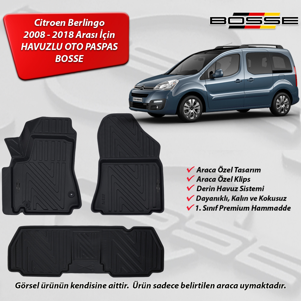 Citroen Berlingo Paspas Araca Özel 2008 2018 Arası BOSSE 3D Havuzlu Oto Paspas Paspas