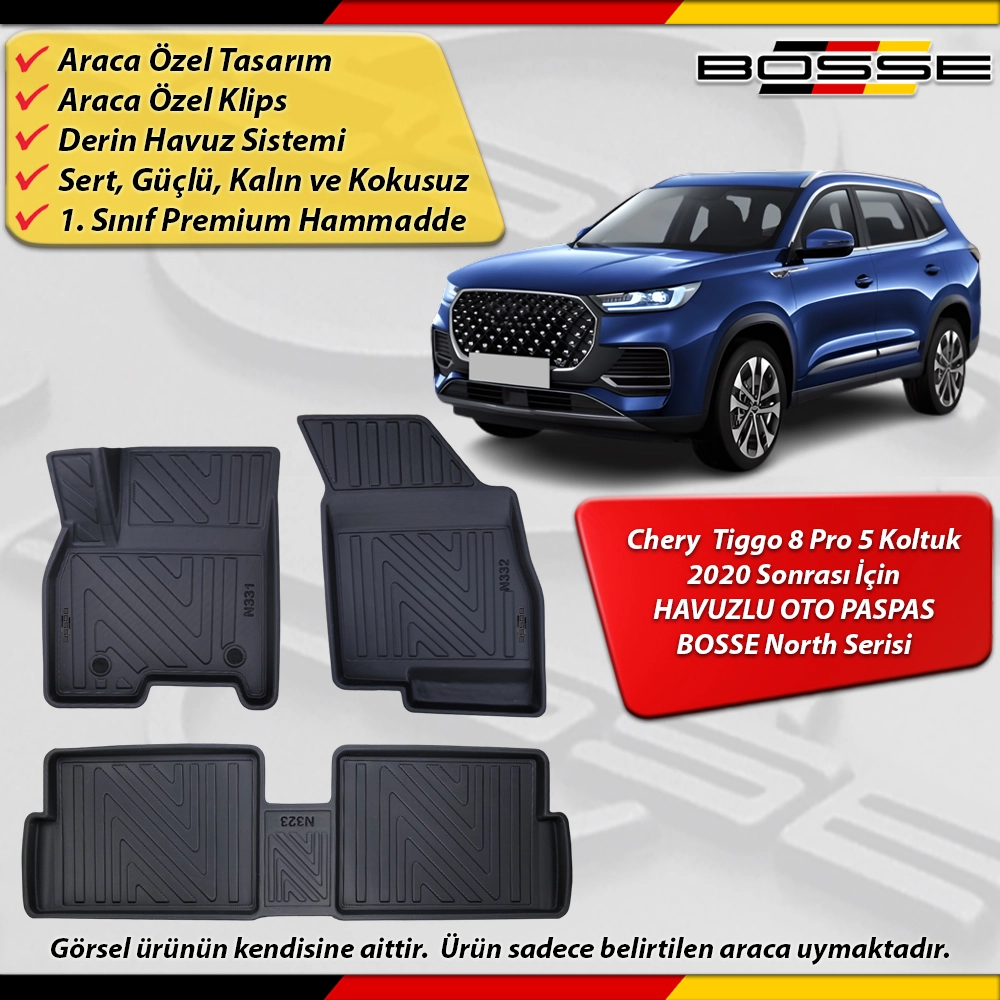 Chery Tiggo 8 Pro Paspas 5 Koltuk Araca Özel 2020 - 2025 Arası Derin Havuzlu Paspas BOSSE North