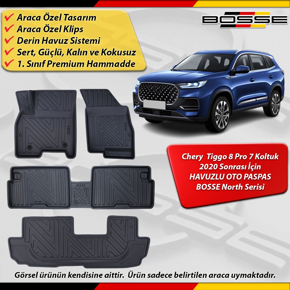 Chery Tiggo 8 Pro Paspas 7 Koltuk Araca Özel Paspas 2020 2025 Derin Havuzlu Paspas BOSSE North Seri