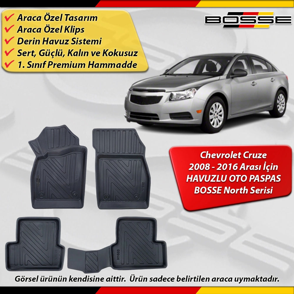 Chevrolet Cruze Paspas Araca Özel 2008-2016 Derin Havuzlu BOSSE North Serisi