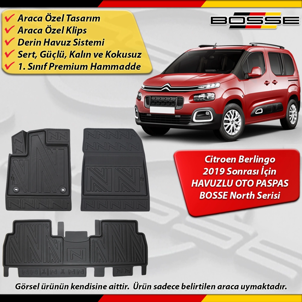 Citroen Berlingo Paspas Araca Özel 2019 Sonrası Derin Havuzlu BOSSE North Serisi