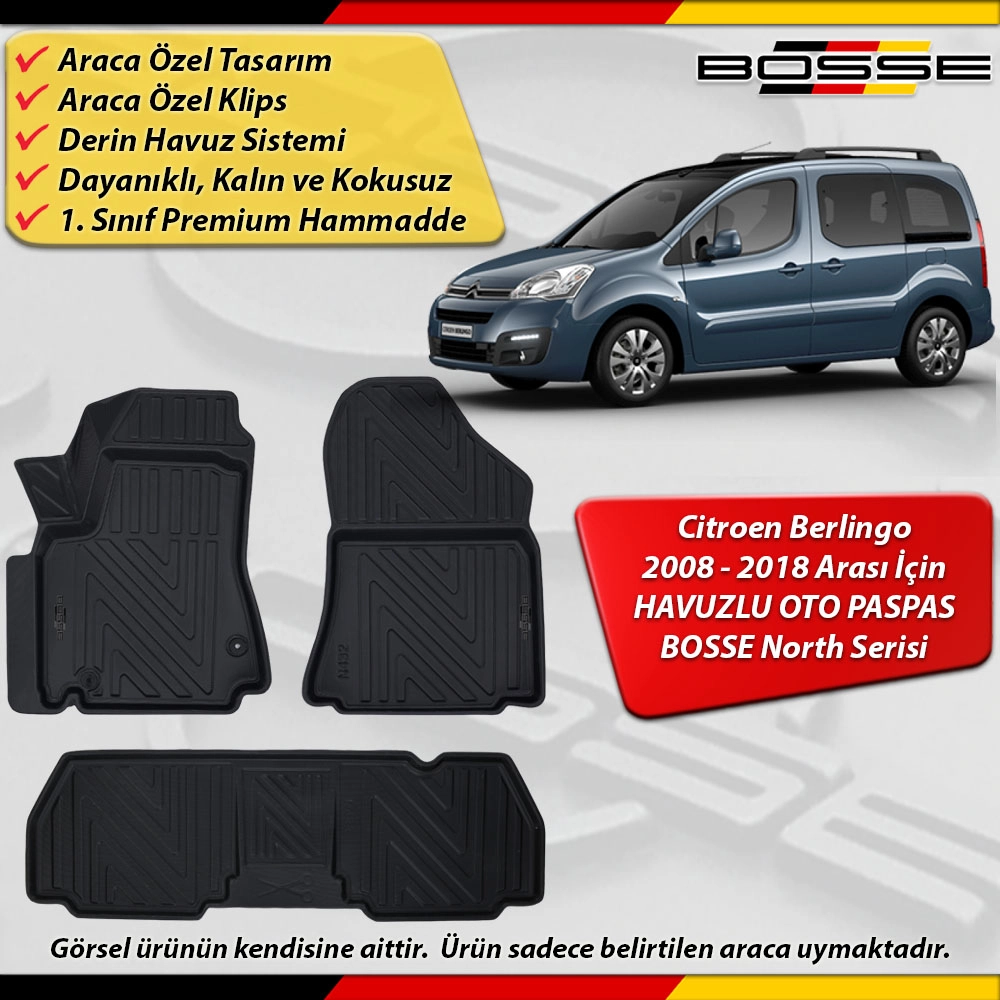 Citroen Berlingo Paspas Araca Özel 2008-2018 Derin Havuzlu Paspas BOSSE North Serisi