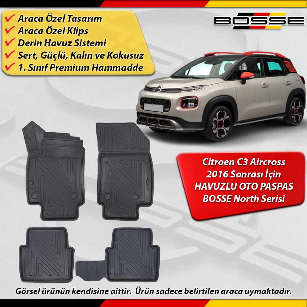 Citroen C3 Aircross Paspas Araca Özel 2016 2025 Derin Havuzlu BOSSE North Serisi
