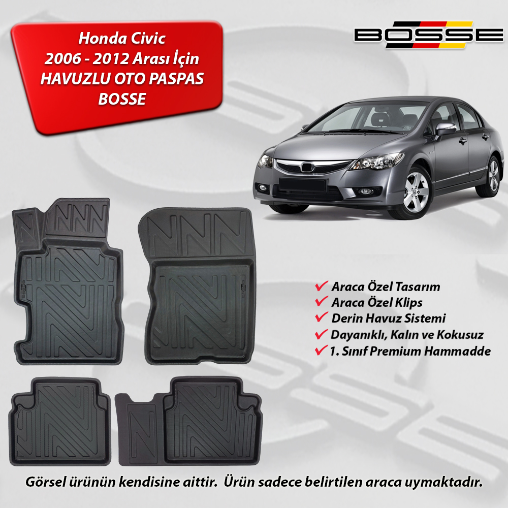 Honda Civic Sedan Paspas FD6 Araca Özel 2006 - 2012 BOSSE 3D Havuzlu Oto Paspas