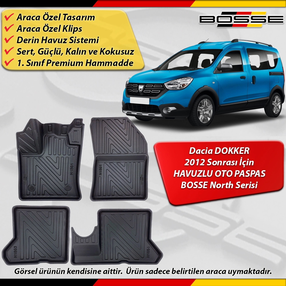 Dacia Dokker Paspas Araca Özel 2012 Sonrası Derin Havuzlu Paspas BOSSE North Serisi