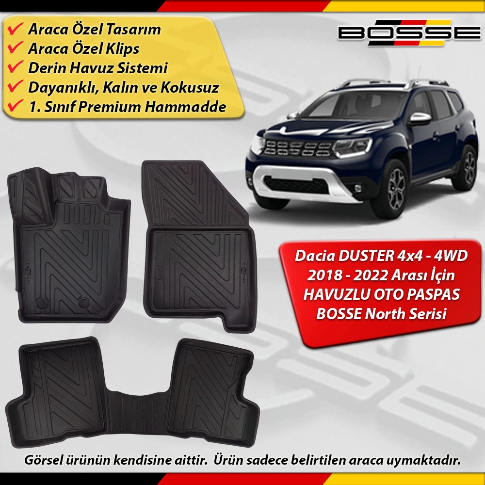 Dacia Duster 4X4 Paspas Araca Özel 2018-2023 Derin Havuzlu Paspas BOSSE North Serisi
