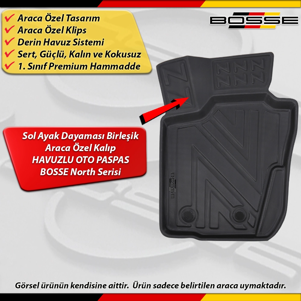 Dacia Duster 4X2 Paspas Araca Özel 2009-2017 Derin Havuzlu Paspas BOSSE North Serisi
