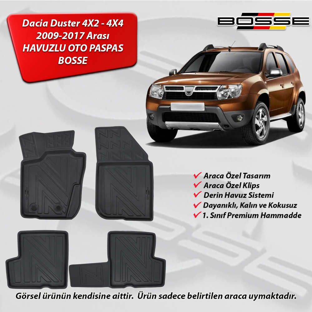 Dacia Duster Paspas 4X2 ve 4X4 Araca Özel 2009 2017 BOSSE 3D Havuzlu Oto Paspas