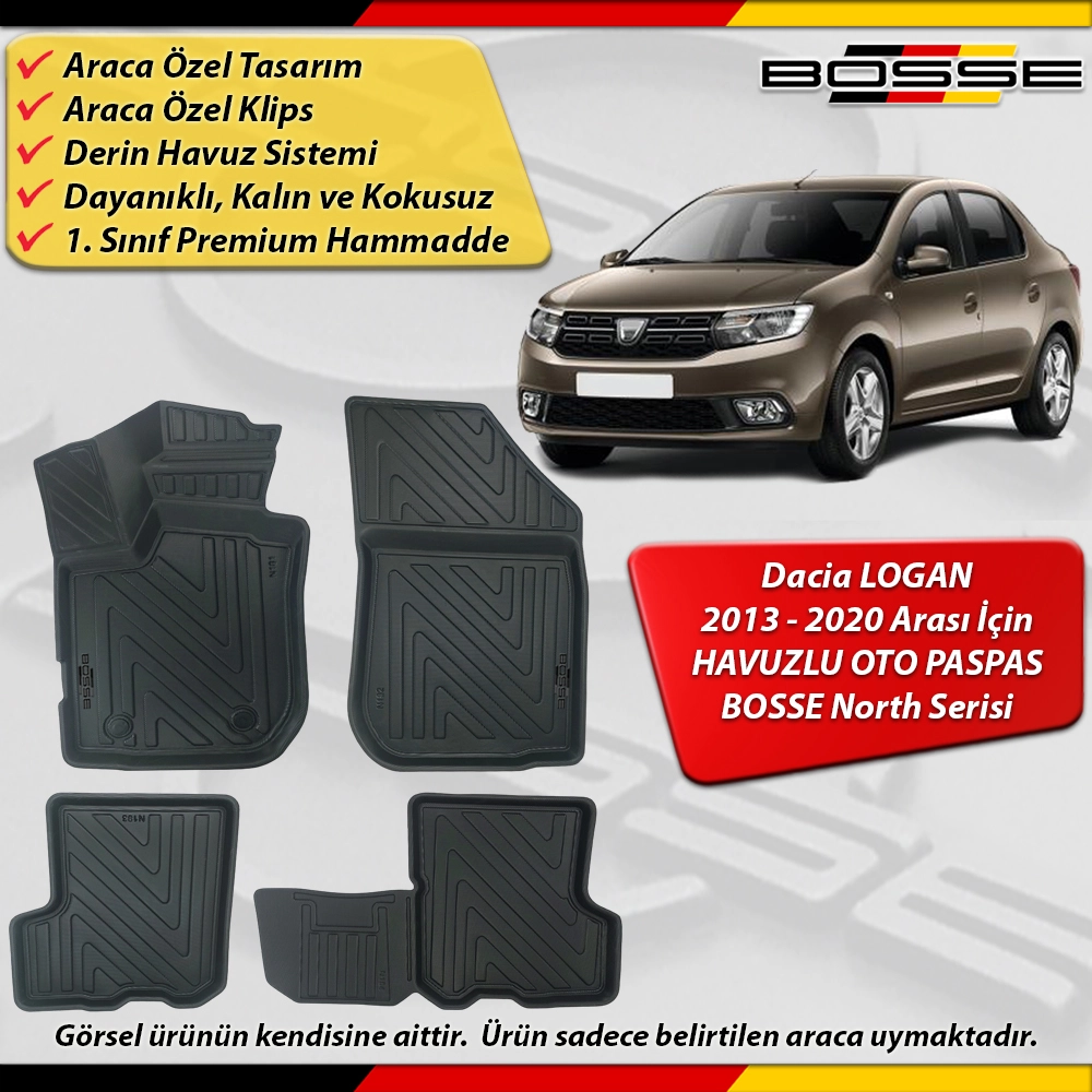 Dacia Logan Paspas Araca Özel 2013 - 2020 Arası İçin Derin Havuzlu Paspas BOSSE North Serisi