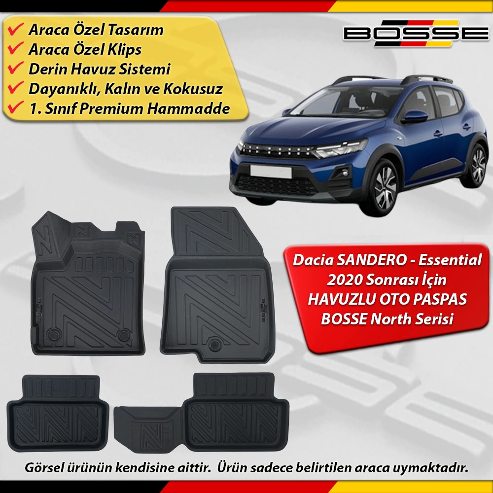 Dacia Sandero Paspas Essential Araca Özel 2020 Ve Sonrası Derin Havuzlu Paspas BOSSE North Serisi