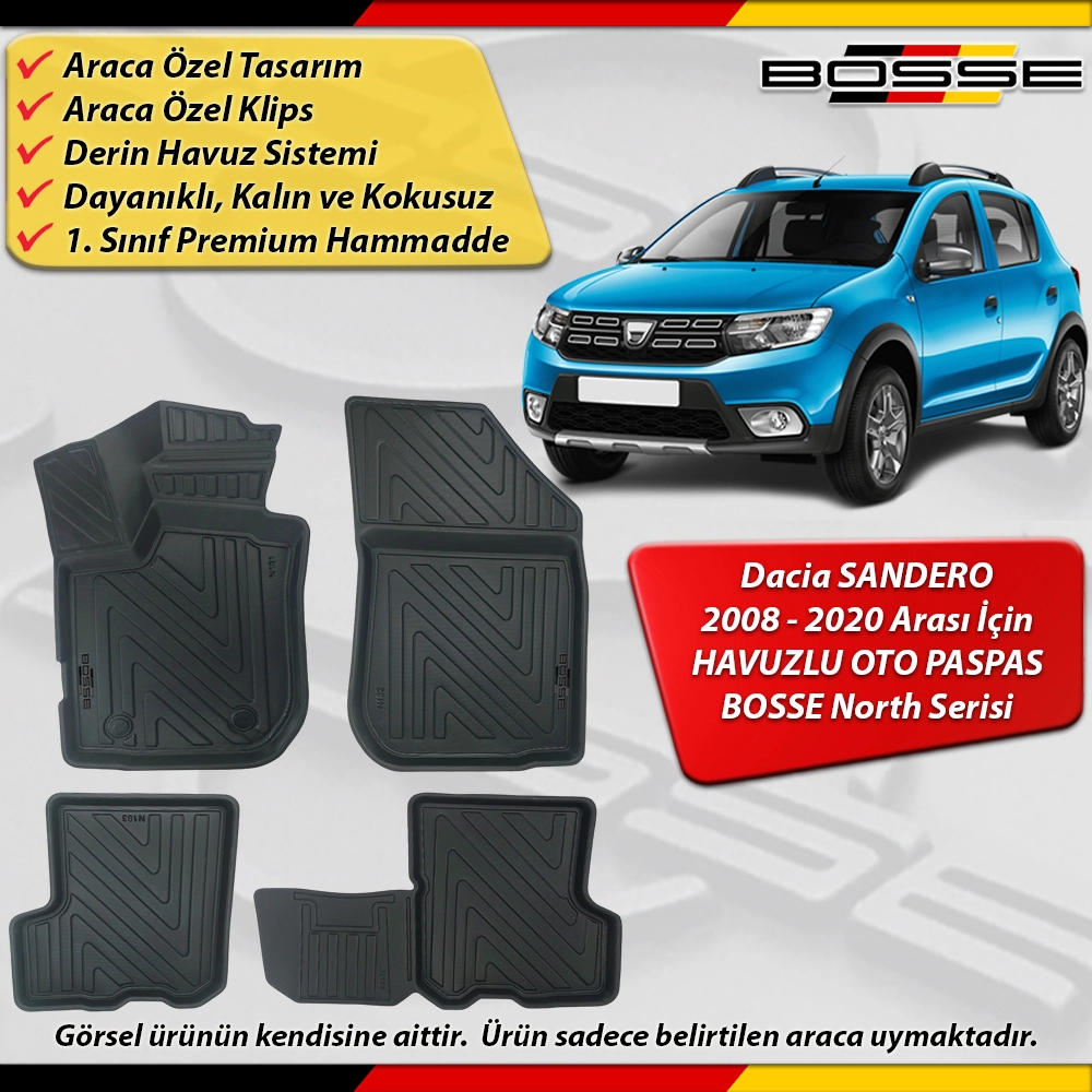 Dacia Sandero Paspas Araca Özel 2008 - 2020 Derin Havuzlu Paspas BOSSE North Serisi