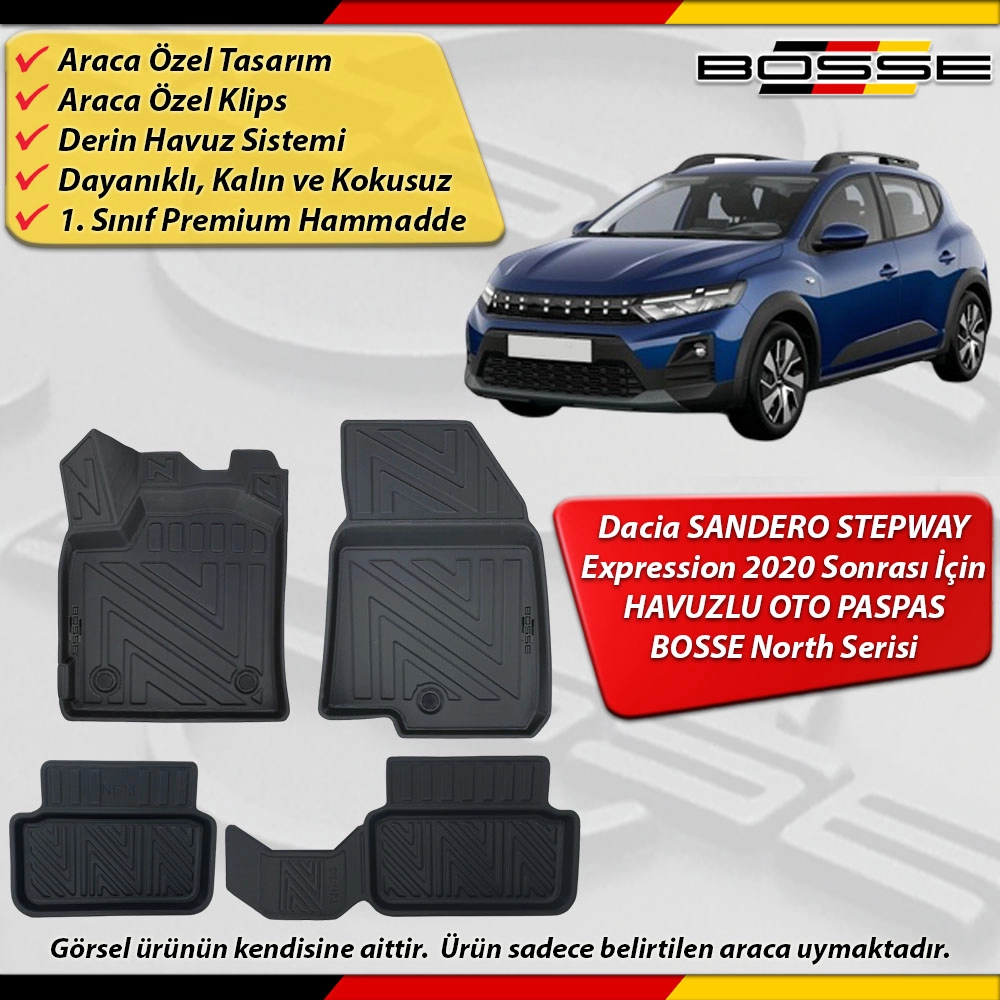 Dacia Sandero Stepway Expression Paspas Araca Özel 2020 Ve Sonrası Derin Havuzlu Paspas Serisi