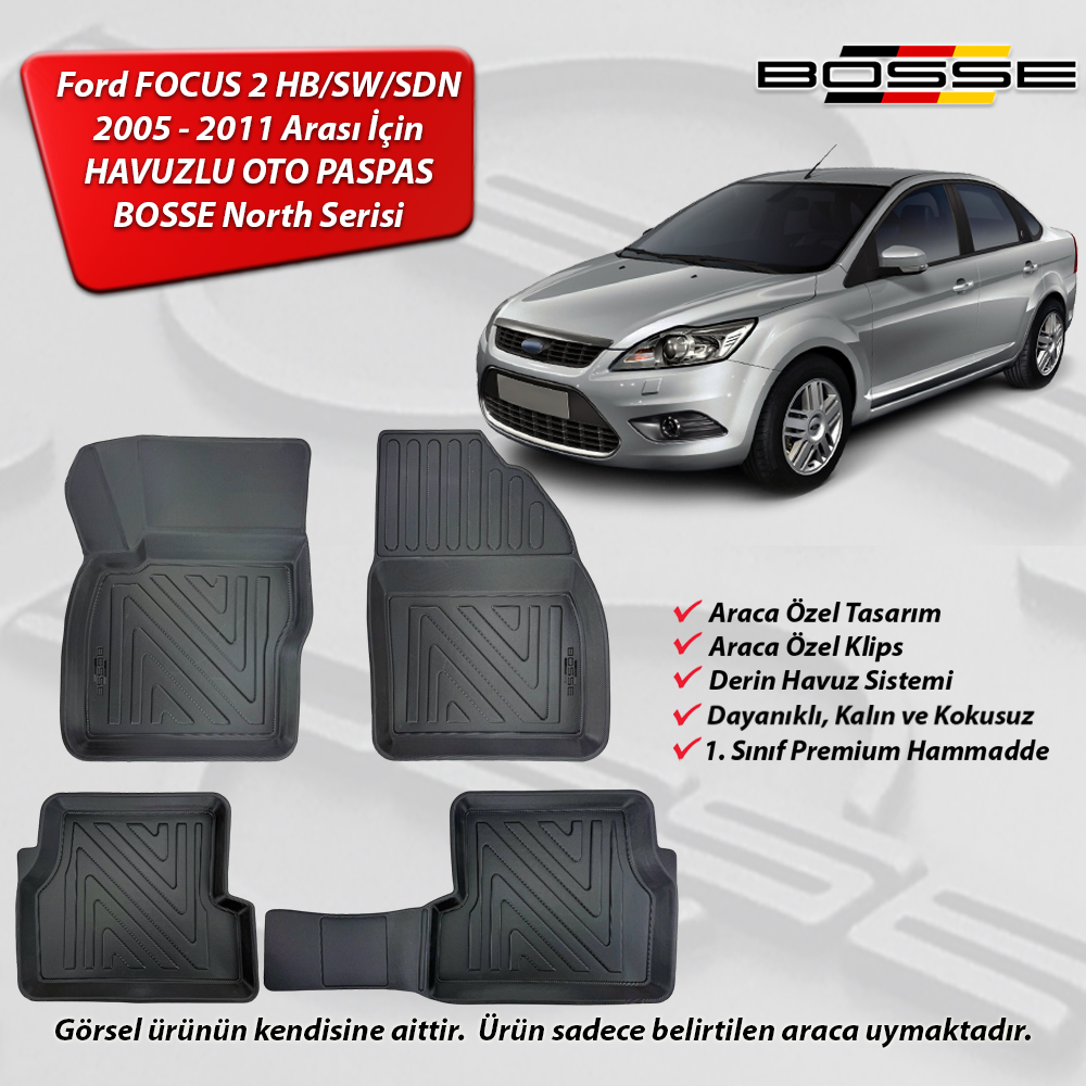Ford Focus 2 Paspas Araca Özel Sedan 2005 2010 BOSSE Paspas 3D Havuzlu