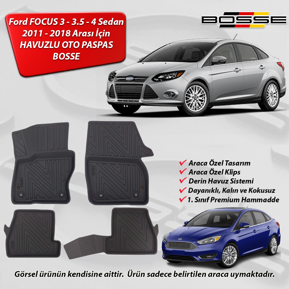 Ford Focus 3 Paspas Araca Özel SEDAN 2011 2014 BOSSE 3D Havuzlu Oto Paspas