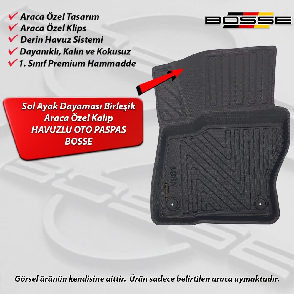 Ford Focus 3.5 - 4 Paspas Sedan 2014 2018 Arası BOSSE 3D Havuzlu Oto Paspas