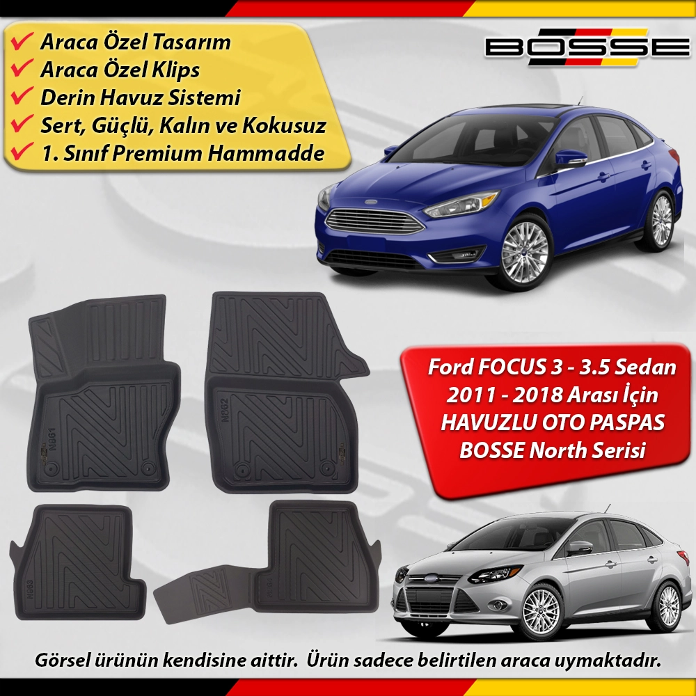 Ford Focus 3 Paspas 3.5 Paspas Araca Özel 2011-2018 Derin Havuzlu Paspas BOSSE North Serisi