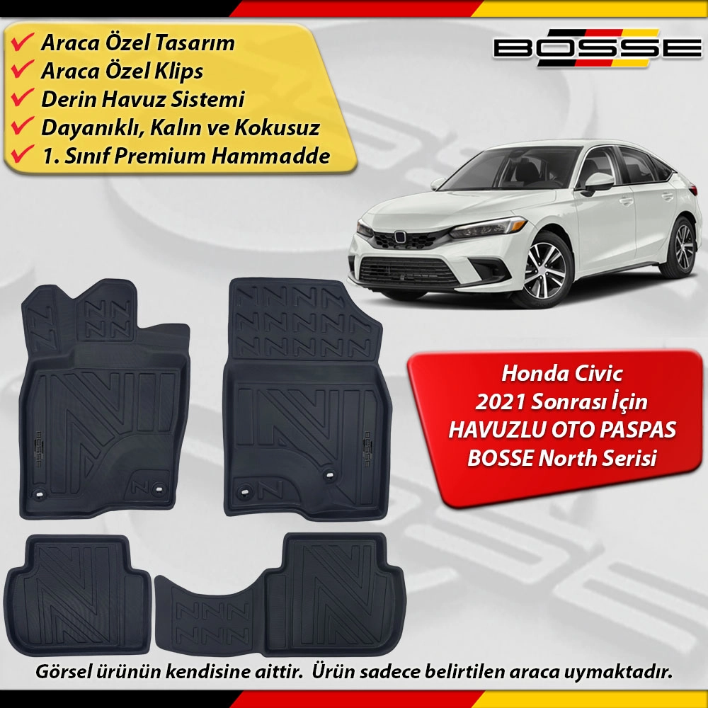 Honda Civic Paspas Araca Özel FE1 Kasa 2021 Sonrası İçin Derin Havuzlu Paspas BOSSE North Serisi