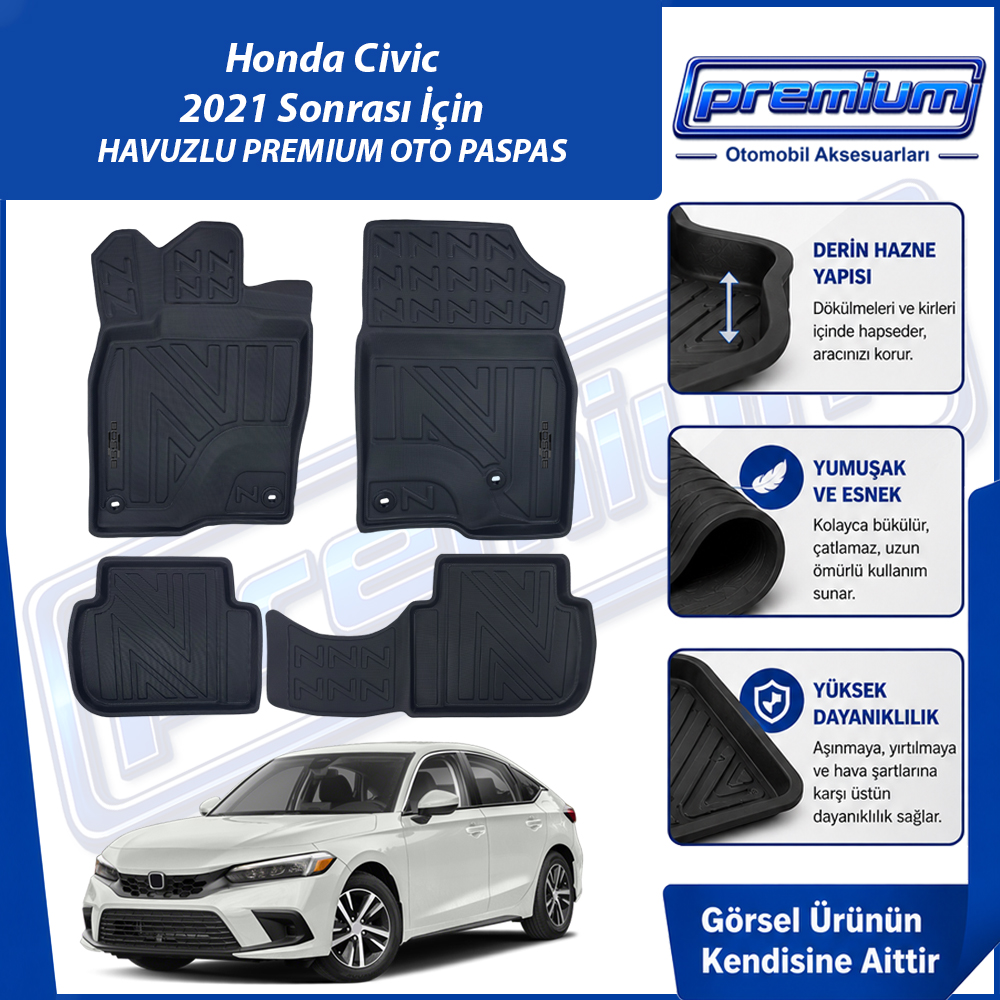 Honda Civic Paspas Araca Özel FE1 Kasa 2021 Sonrası İçin Derin Havuzlu Premium Oto Paspas