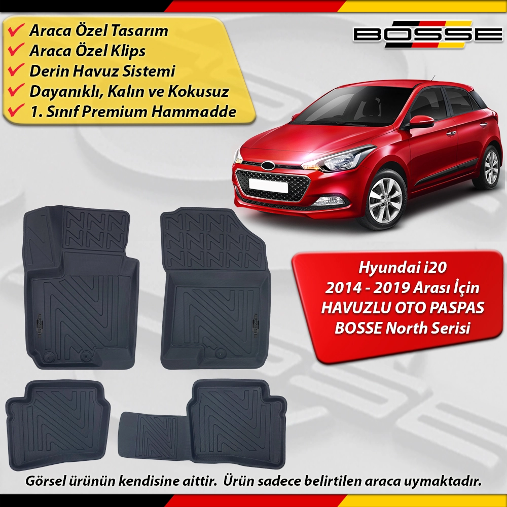 Hyundai i20 Paspas Araca Özel 2014-2019 Derin Havuzlu Paspas BOSSE North Serisi