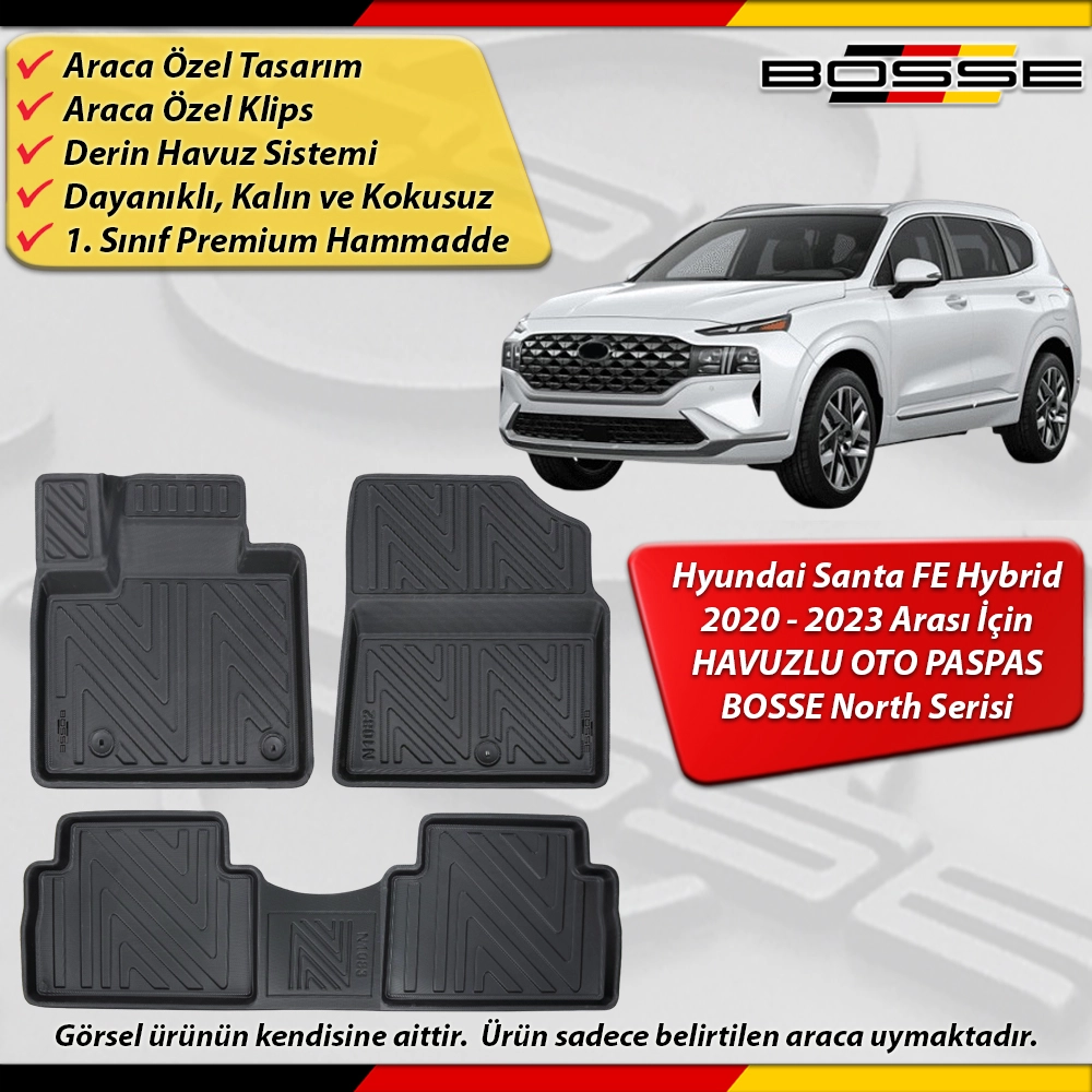 Hyundai Santa Fe Hybrid Paspas Araca Özel 2020-2023 Derin Havuzlu Paspas BOSSE North Serisi