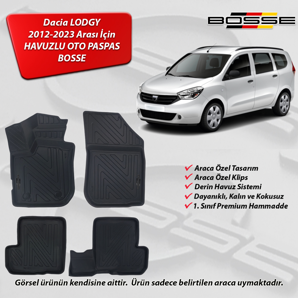 Dacia Lodgy Paspas Araca Özel 2013 2023 BOSSE 3D Havuzlu Oto Paspas