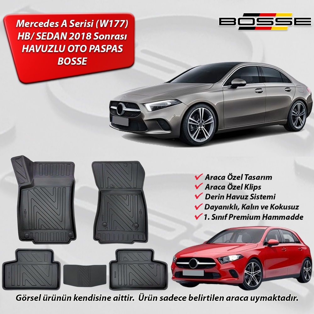 Mercedes A Serisi Paspas HB / SEDAN W177 Araca Özel 2018 Sonrası BOSSE 3D Havuzlu Oto Paspas