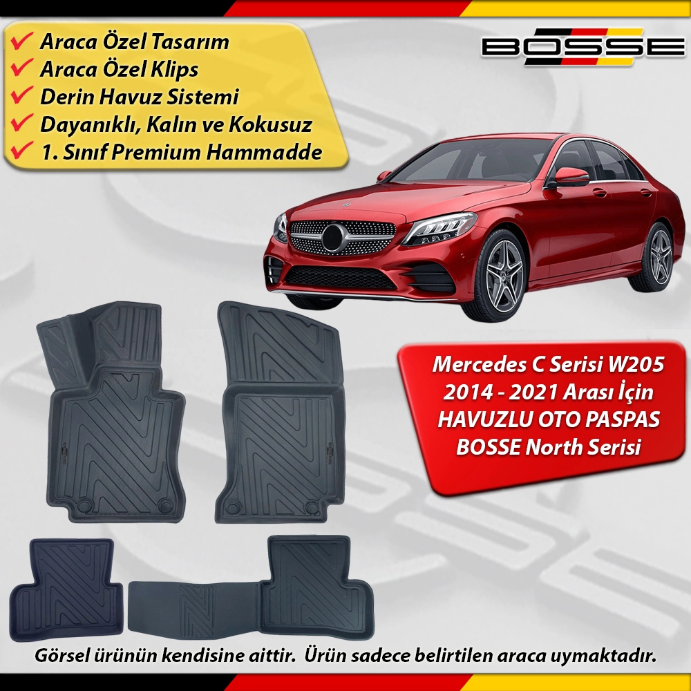 Mercedes C Serisi Paspas W205 Araca Özel 2014 - 2021 Derin Havuzlu Paspas BOSSE North Serisi