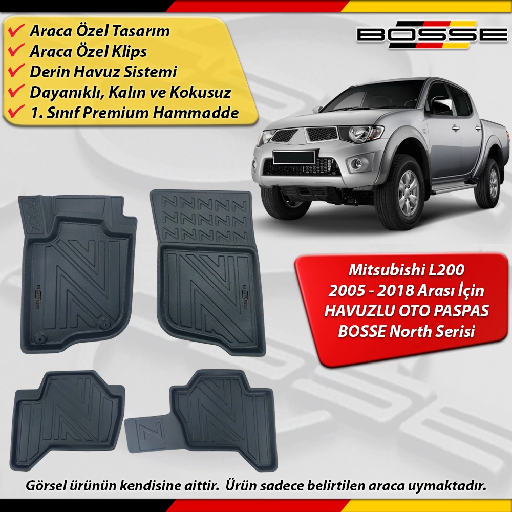 Mitsubishi L200 Paspas Araca Özel 2015 - 2018 Arası İçin Derin Havuzlu Paspas BOSSE North Serisi