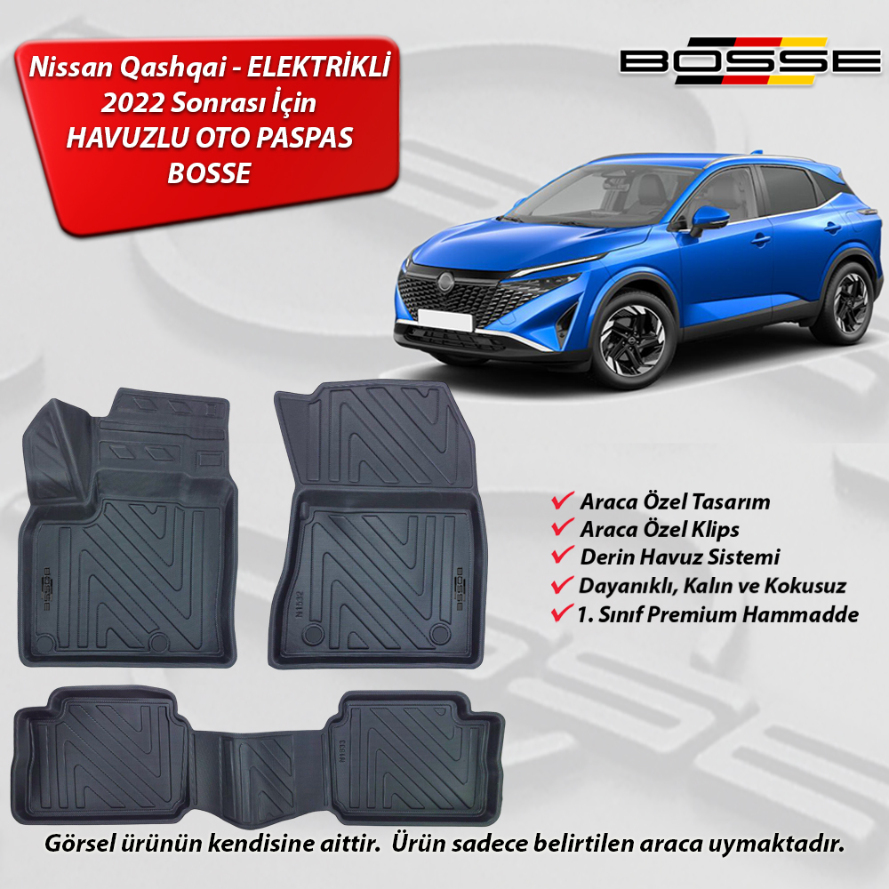 Nissan Qashqai Paspas Araca Özel Elektrikli (E - Power) 2022 Sonrası BOSSE 3D Havuzlu Oto Paspas