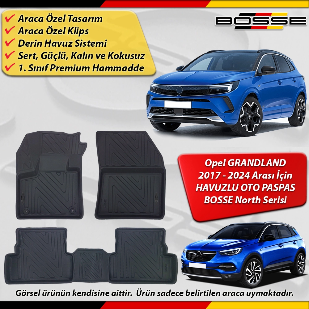 Opel Grandland Paspas Araca Özel 2017 - 2023 Arası İçin Derin Havuzlu Paspas BOSSE North Serisi