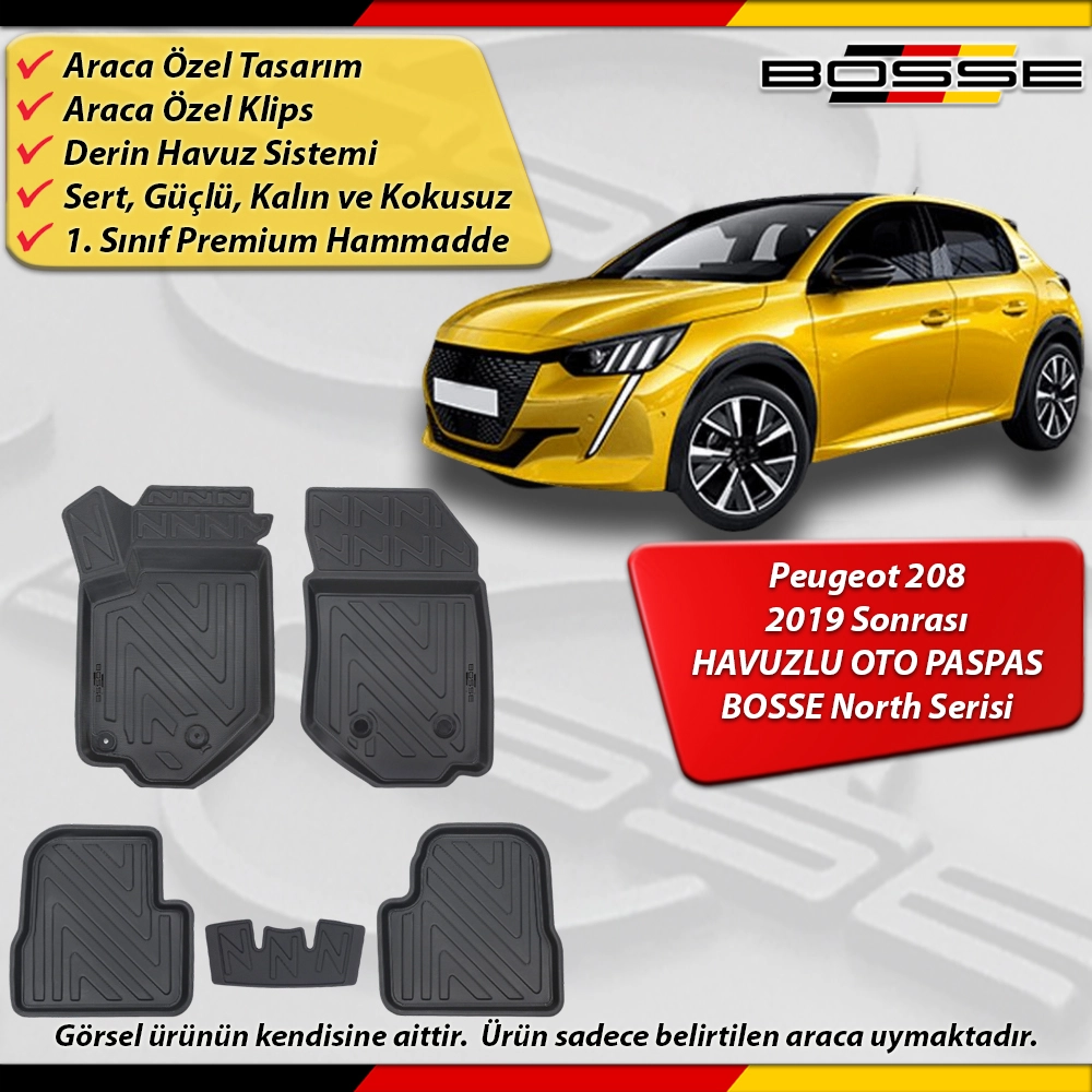 Peugeot 208 Paspas Araca Özel 2019 2025 Derin Havuzlu BOSSE North Serisi