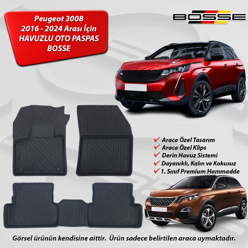 Peugeot 3008 Paspas Araca Özel 2016 2024 Arası BOSSE 3D Havuzlu Oto Paspas