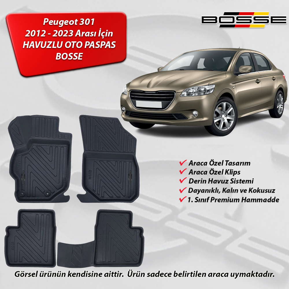 Peugeot 301 Paspas Araca Özel 2012 2023 Arası BOSSE 3D Havuzlu Oto Paspas Paspas