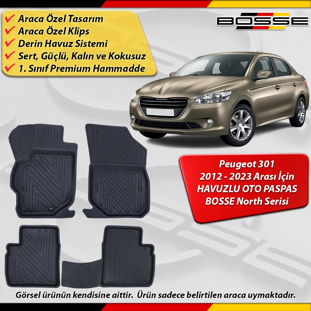 Peugeot 301 Paspas Araca Özel 2012 2023 Arası Derin Havuzlu Paspas BOSSE North Serisi