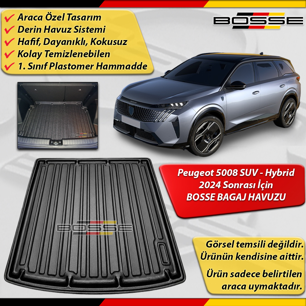 Peugeot 5008 Bagaj Havuzu Mhev / Hybrid / Elektrikli 5 Koltuk Araca Özel 2024 Sonrası BOSSE 3D Bagaj Havuzu