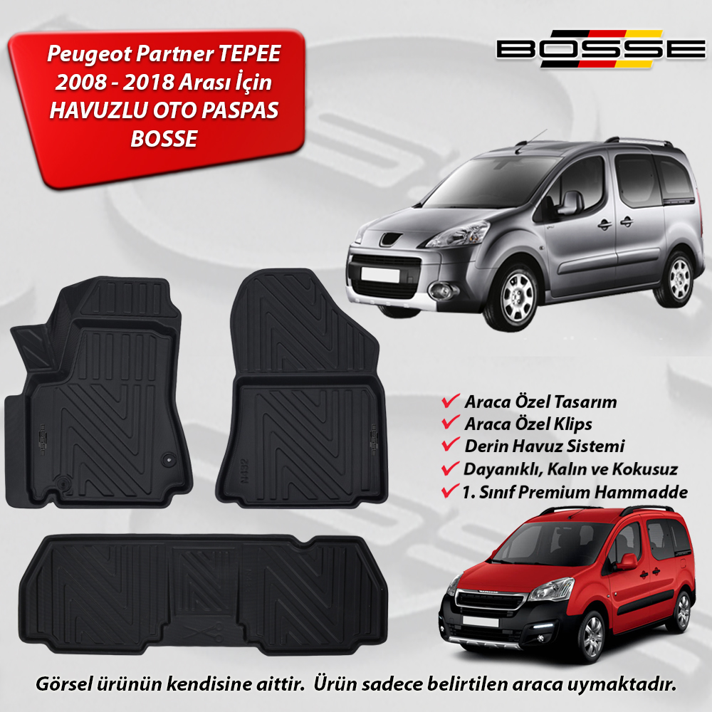 Peugeot Partner Tepee Paspas Paspas Araca Özel 2008 2018 BOSSE 3D Havuzlu Oto Paspas