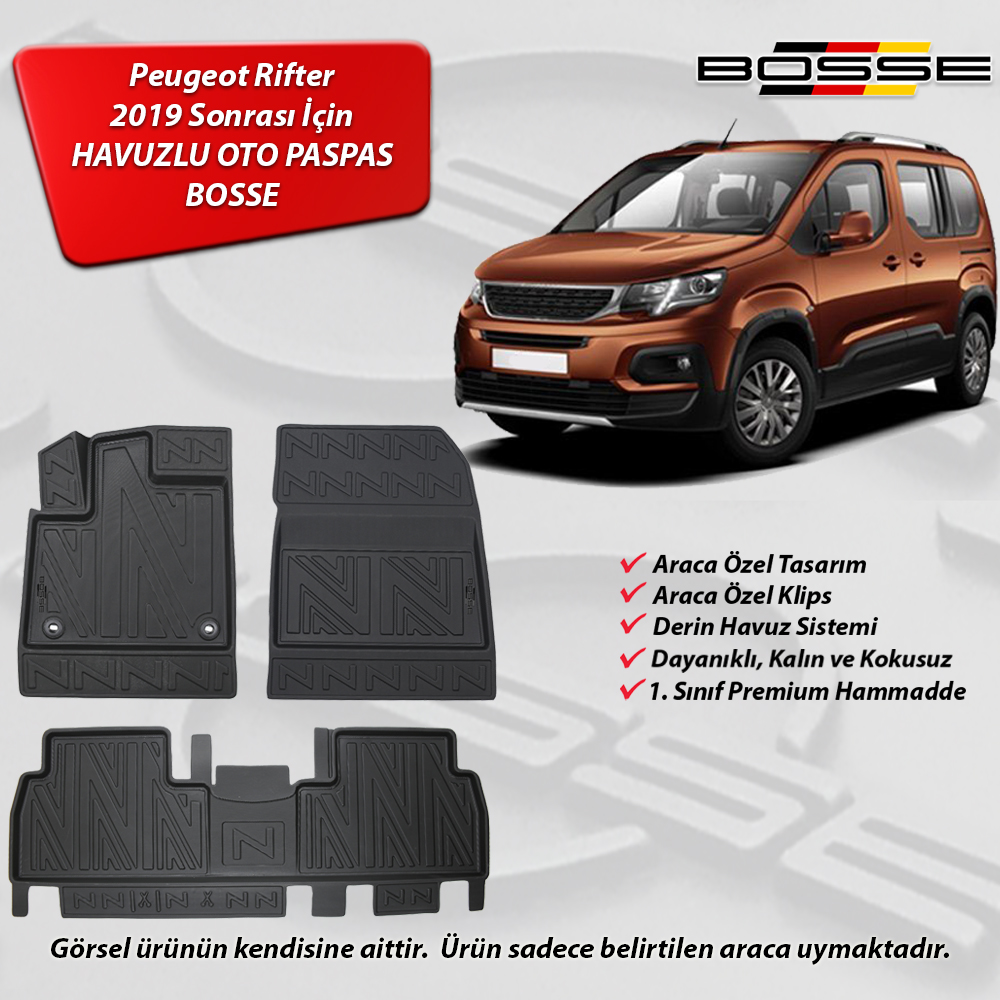 Peugeot Rifter Paspas Araca Özel 2019 Sonrası BOSSE 3D Havuzlu Oto Paspas