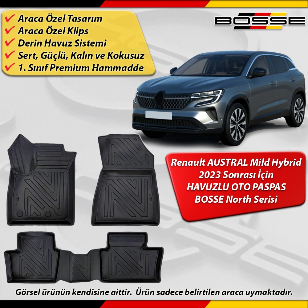 Renault Austral Paspas Araca Özel Mild Hybrid 2023 Sonrası Derin Havuzlu Paspas BOSSE North Serisi
