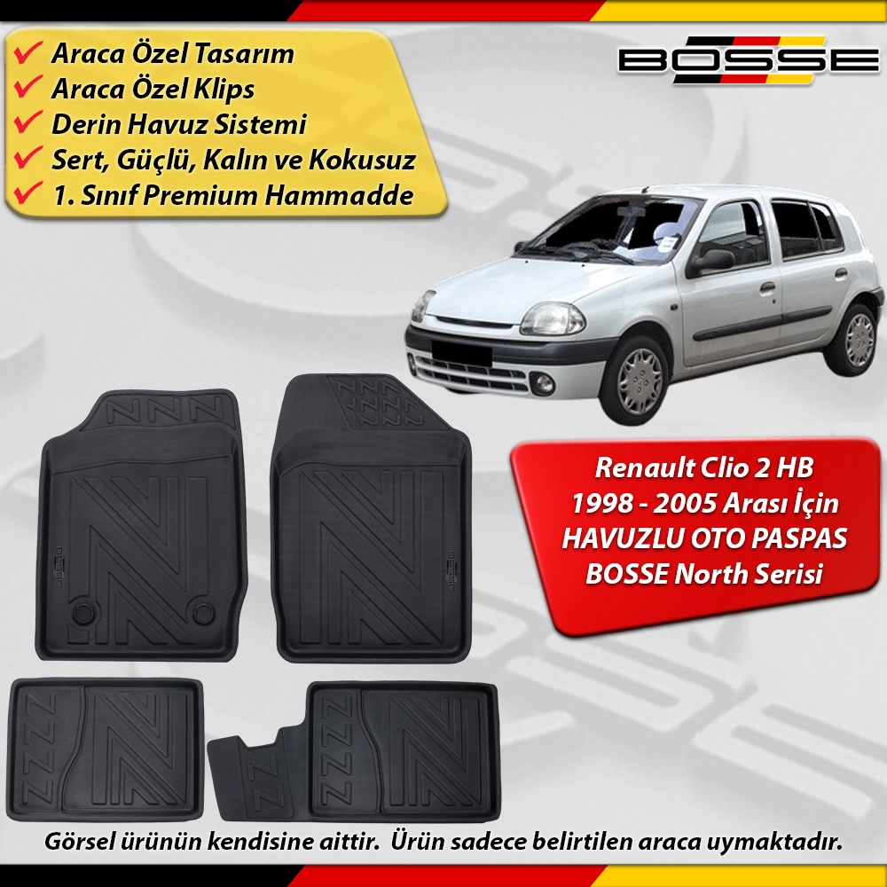 Renault Clio 2 Paspas Araca Özel 1998-2005 Derin Havuzlu Paspas BOSSE North Serisi