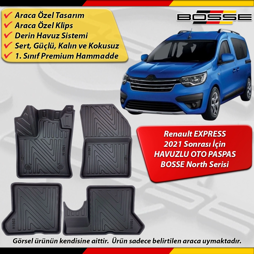 Renault  Express Paspas Araca Özel 2021 Sonrası Derin Havuzlu Paspas BOSSE North Serisi