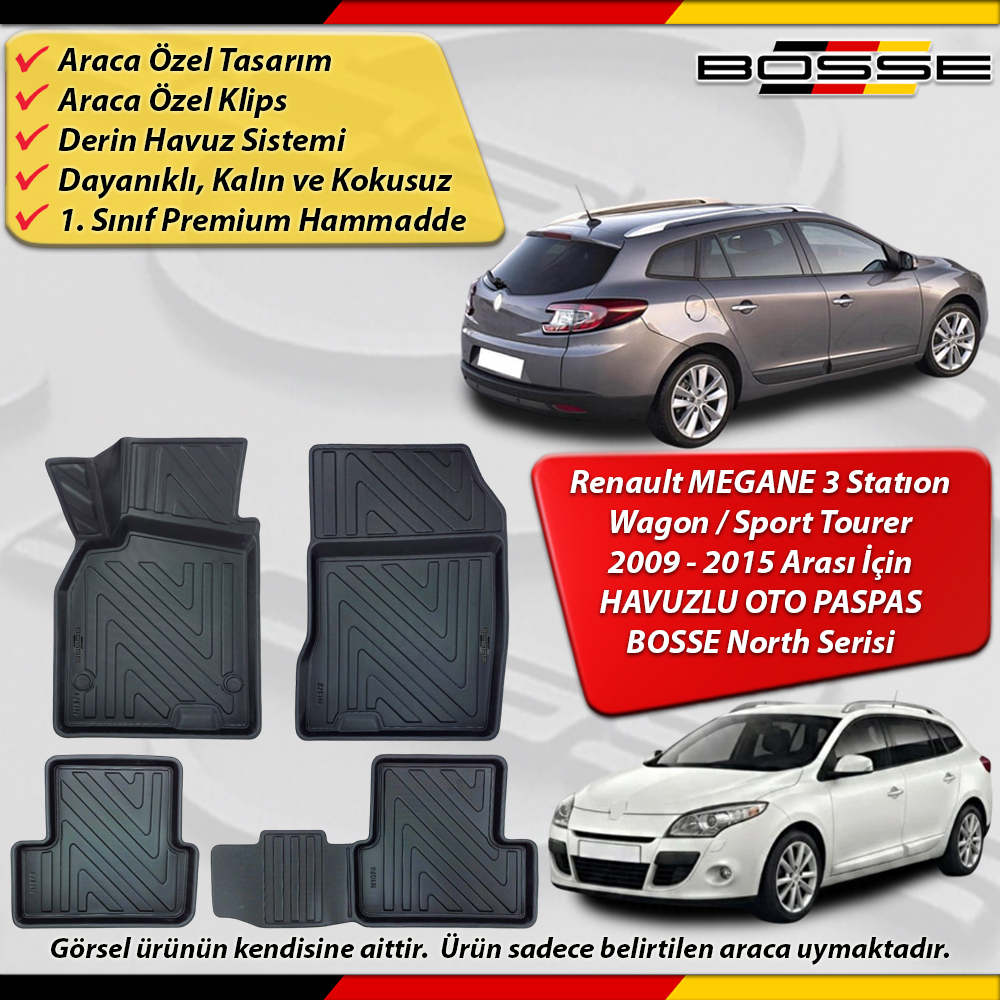 Renault Megane 3 Paspas Sport Tourer Araca Özel Paspas 2009 2015 Derin Havuzlu Bosse North
