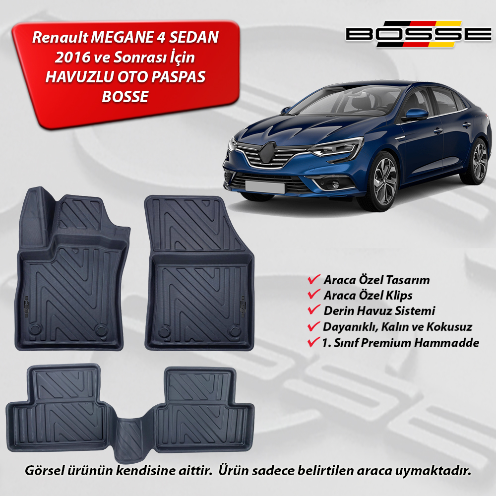 Renault Megane 4 Paspas Araca Özel Sedan 2016 2023 BOSSE 3D Havuzlu Oto Paspas Ultra Seri