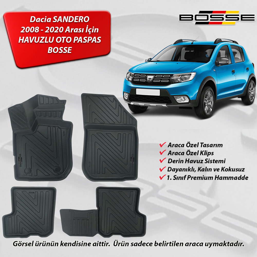 Dacia Sandero Paspas Araca Özel 2008 2020 BOSSE 3D Havuzlu Oto Paspas