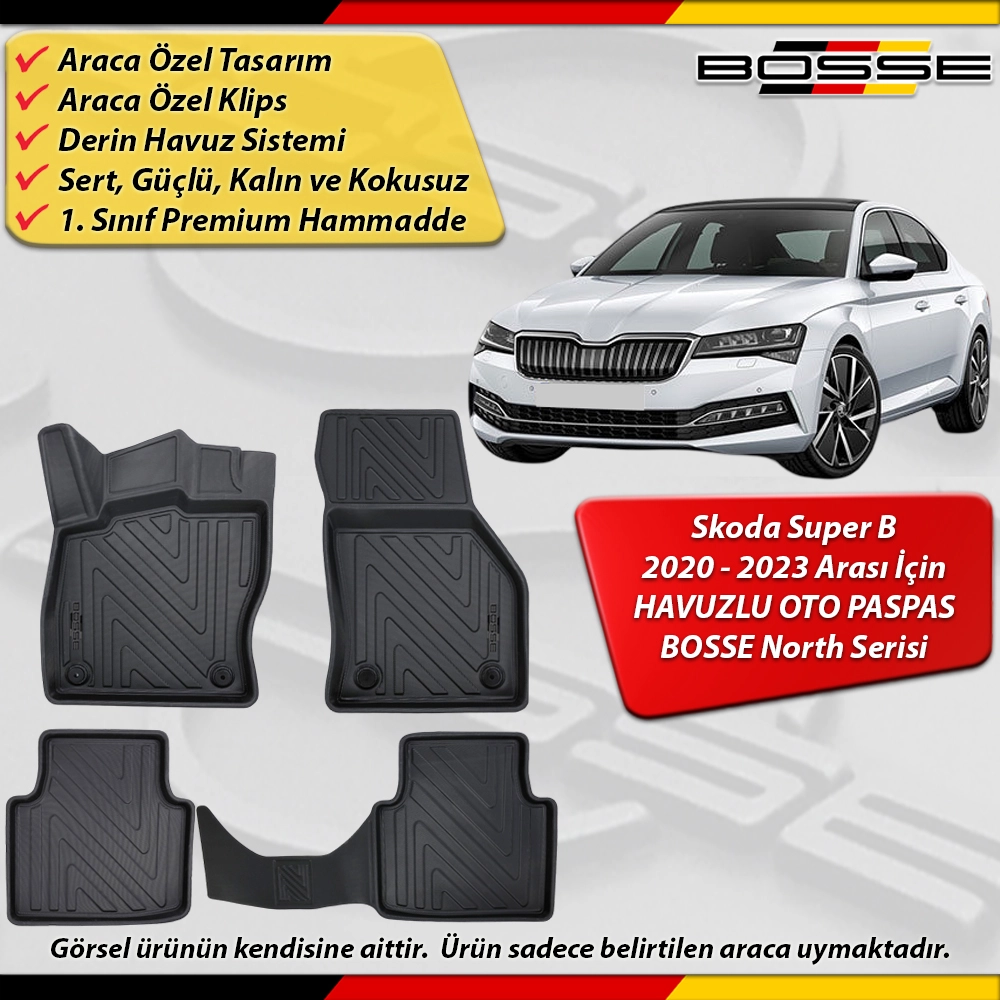 Skoda Super B Paspas Araca Özel 2020 - 2023 Arası Derin Havuzlu Paspas BOSSE North Serisi