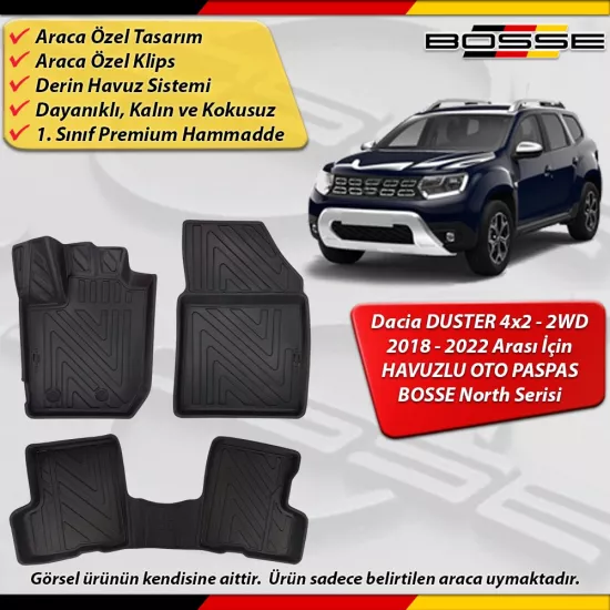 Dacia Duster 4X2 Paspas Araca Özel 2018-2022 Derin Havuzlu Paspas BOSSE North Serisi