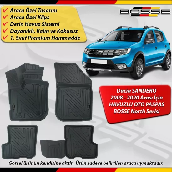 Dacia Sandero Paspas Araca Özel 2008 - 2020 Derin Havuzlu Paspas BOSSE North Serisi