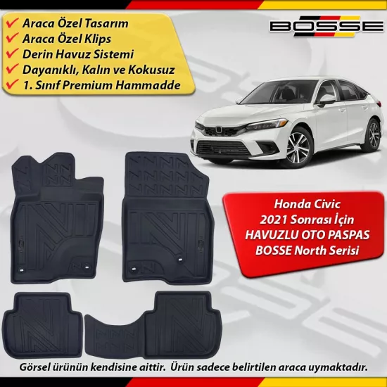 Honda Civic Paspas Araca Özel FE1 Kasa 2021 Sonrası İçin Derin Havuzlu Paspas BOSSE North Serisi