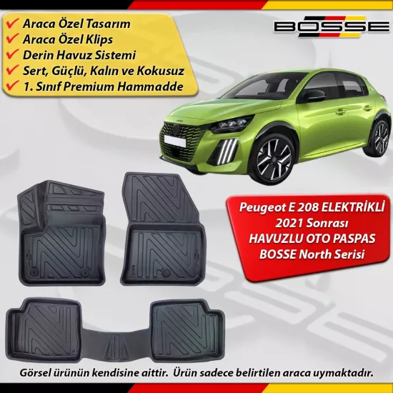 Peugeot E 208 Paspas ELEKTRİKLİ Araca Özel  2021 Sonrası İçin Derin Havuzlu Paspas Serisi