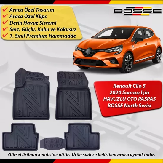 Renault Clio 5 Paspas Araca Özel 2020 Sonrası Derin Havuzlu Paspas BOSSE North Serisi